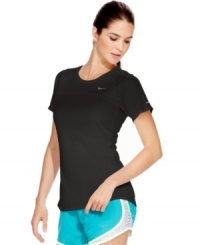 This active tee from Nike features mesh insets at the side seams for breathable comfort. The Dri-Fit fabric wicks away moisture -- perfect for your morning jog!