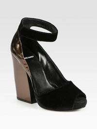 Supported by a towering block heel, this suede pump is modernized by metallic leather trim, open sides and a wide, Velcro® ankle strap. Metallic leather heel, 5 (125mm)Velvet platform, 1 (25mm)Compares to a 4 heel (100mm)Velvet upperLeather lining and solePadded insoleMade in Italy Supported by a towering block heel, this suede pump is modernized by metallic leather trim, open sides and a wide, Velcro® ankle strap. Metallic leather heel, 5 (125mm)Velvet platform, 1 (25mm)Compares to a 4 heel (100mm)Velvet upperLeather lining and solePadded insoleMade in Italy