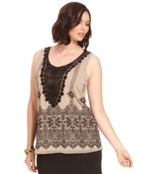 Add a romantic feel to your style with Alfani's sleeveless plus size top, finished by lace detail. Add a romantic feel to your style with Alfani's sleeveless plus size top, finished by lace detail.
