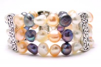 Matching 2-Piece Set: 7 MM Freshwater Cultured Pearl Stud Earrings & 7 Inch Adjustable Length 7 MM Pastel Multicolor Pink, White, & Black South Sea Baroque Pearl Stretch Bangle Bracelet, Antiqued Metal Accents Matching 2-Piece Set: 7 MM Freshwater Cultured Pearl Stud Earrings & 7 Inch Adjustable Length 7 MM Pastel Multicolor Pink, White, & Black South Sea Baroque Pearl Stretch Bangle Bracelet, Antiqued Metal Accents