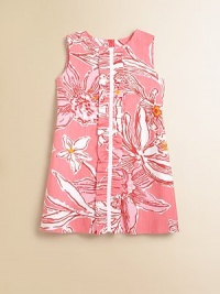 Oversized, abstract flowers create a pretty print on crisp poplin with a front ruffle from neck to hem.Round necklineSleevelessCenter front ruffle with grosgrain trimBack zipperFully lined75% cotton/25% polyesterMachine washImported Oversized, abstract flowers create a pretty print on crisp poplin with a front ruffle from neck to hem.Round necklineSleevelessCenter front ruffle with grosgrain trimBack zipperFully lined75% cotton/25% polyesterMachine washImported