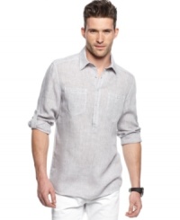 Lighten up this summer with the easy style of this popover shirt from Kenneth Cole. Lighten up this summer with the easy style of this popover shirt from Kenneth Cole.