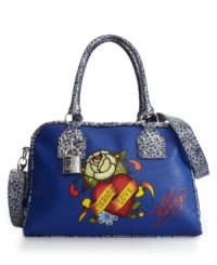 Express yourself with this bold Ed Hardy style featuring an Eternal Love graphic at front and daring animal print trim. Accented with a signature charm at handle base and optional shoulder strap.