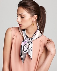 Subtle shades of pink and lilac accent the signature swirls of this Emilio Pucci scarf, a transitional piece for day to night. Subtle shades of pink and lilac accent the signature swirls of this Emilio Pucci scarf, a transitional piece for day to night.