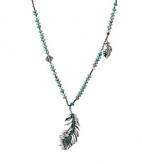 Lucky Brand Jewelry Peacock Feather Turquoise & Silver Long Necklace Bohemian Tribal Style
