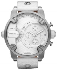 White leather and structured steel create a sleek look on this versatile watch from Diesel. White leather and structured steel create a sleek look on this versatile watch from Diesel.