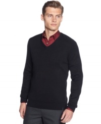 Top of the day! Literally top this long sleeve v-neck sweater by Calvin Klein over your collared shirt or t-shirt to give you an easy upgrade and a top-notch look. Top of the day! Literally top this long sleeve v-neck sweater by Calvin Klein over your collared shirt or t-shirt to give you an easy upgrade and a top-notch look.