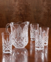 Substantial lead crystal glasses with a traditional starburst cut pattern that sparkles and shines. This beverage set is perfect for everyday iced teas, ades or punches, or for serving a sparkling round of cocktails. Includes a 52 oz. pitcher and four highball glasses. Substantial lead crystal glasses with a traditional starburst cut pattern that sparkles and shines. This beverage set is perfect for everyday iced teas, ades or punches, or for serving a sparkling round of cocktails. Includes a 52 oz. pitcher and four highball glasses.