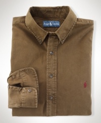 A rugged cotton twill sport shirt is fashioned in a classic fit and is lightly washed for a comfortable look and feel. A rugged cotton twill sport shirt is fashioned in a classic fit and is lightly washed for a comfortable look and feel.