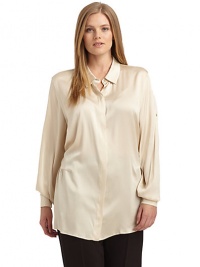 THE LOOKShirt collarConcealed front button closure Long roll tab sleeves Bust dartsGathered back waist detailTHE FITAbout 32 from shoulder to hemTHE MATERIAL95% silk/5% elastaneCARE & ORIGINDry cleanMade in Italy THE LOOKShirt collarConcealed front button closure Long roll tab sleeves Bust dartsGathered back waist detailTHE FITAbout 32 from shoulder to hemTHE MATERIAL95% silk/5% elastaneCARE & ORIGINDry cleanMade in Italy