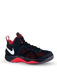 Boy's lace up high top basketball sneaker with mesh overlay, contrasting details, logo swoosh at the ankle and a synthetic and mesh upper for increased breathability. Boy's lace up high top basketball sneaker with mesh overlay, contrasting details, logo swoosh at the ankle and a synthetic and mesh upper for increased breathability.