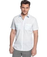 This short-sleeved shirt from Calvin Klein is ready for your after hours summer style.