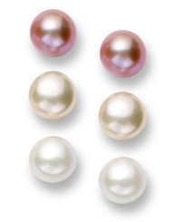 All the shimmer you need, in one sophisticated set. Three pairs of pretty cultured freshwater pearls (8-8-1/2 mm) come in white, ivory and pink set in sterling silver. Approximate diameter: 1/3 inch. All the shimmer you need, in one sophisticated set. Three pairs of pretty cultured freshwater pearls (8-8-1/2 mm) come in white, ivory and pink set in sterling silver. Approximate diameter: 1/3 inch.