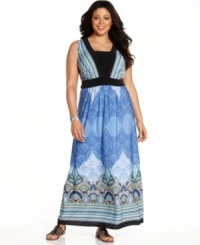 A banded waist lends a slimming silhouette to AGB's sleeveless plus size maxi dress-- it's a must-have for season-perfect style! A banded waist lends a slimming silhouette to AGB's sleeveless plus size maxi dress-- it's a must-have for season-perfect style!