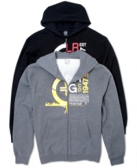 Here's a hoodie with enough style to sub for sports jacket: LRG Split Tek with zip up front and graphic print. Here's a hoodie with enough style to sub for sports jacket: LRG Split Tek with zip up front and graphic print.
