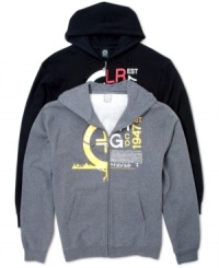 Here's a hoodie with enough style to sub for sports jacket: LRG Split Tek with zip up front and graphic print.