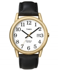 Rely on standby style. This Timex watch features a black leather strap and round goldtone mixed metal case. White dial with logo, date window and black numerals. Analog movement. Water resistant to 30 meters. One-year limited warranty. Rely on standby style. This Timex watch features a black leather strap and round goldtone mixed metal case. White dial with logo, date window and black numerals. Analog movement. Water resistant to 30 meters. One-year limited warranty.