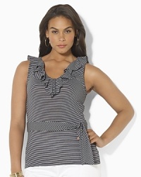A curve-clinging blend of cotton and modal gives this striped V-neck top a chic, feminine silhouette, finished with airy ruffles and a self-tie sash for ultra-flirty appeal. A curve-clinging blend of cotton and modal gives this striped V-neck top a chic, feminine silhouette, finished with airy ruffles and a self-tie sash for ultra-flirty appeal.