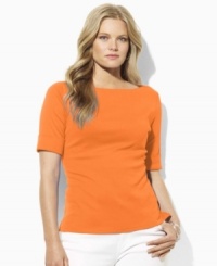 A chic boat neckline infuses the classic cotton jersey plus size tee with breezy, relaxed style, from Lauren by Ralph Lauren. A chic boat neckline infuses the classic cotton jersey plus size tee with breezy, relaxed style, from Lauren by Ralph Lauren.