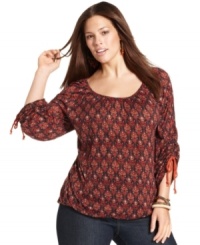 Tie up a cute weekend look with Lucky Brand Jeans' three-quarter-sleeve plus size top and your fave casual bottoms. Tie up a cute weekend look with Lucky Brand Jeans' three-quarter-sleeve plus size top and your fave casual bottoms.