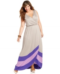 Soak up the sun in Soprano's sleeveless plus size maxi dress, highlighted by a colorblocked design-- it's a must-have for the season! Soak up the sun in Soprano's sleeveless plus size maxi dress, highlighted by a colorblocked design-- it's a must-have for the season!