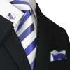 Landisun 91A Bright Blue White Stripes Mens Silk Tie Set: Tie+Hanky+Cufflinks
