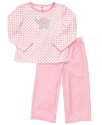 Send her off with sweet dreams of safaris in this darling elephant shirt and striped pant sleepwear set from Carter's. Send her off with sweet dreams of safaris in this darling elephant shirt and striped pant sleepwear set from Carter's.
