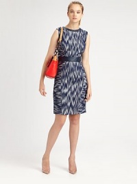 Contrasting leather trim brings edge to this retro, ikat-inspired sheath dress. RoundneckSleevelessBack zipperAbout 23 from natural waistBody: Polyester/cottonTrim: LeatherDry clean with leather specialistImportedModel shown is 5'10 (177cm) wearing US size 4. Contrasting leather trim brings edge to this retro, ikat-inspired sheath dress. RoundneckSleevelessBack zipperAbout 23 from natural waistBody: Polyester/cottonTrim: LeatherDry clean with leather specialistImportedModel shown is 5'10 (177cm) wearing US size 4.