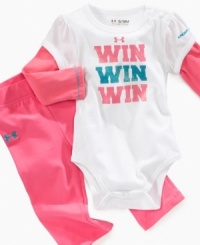 The message here is clear, win win win! This cute Under Armour bodysuit and pants set will have her looking like a champ. The message here is clear, win win win! This cute Under Armour bodysuit and pants set will have her looking like a champ.