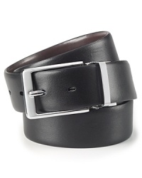 One belt, two looks: this leather belt reverses from textured black to smooth brown to easily coordinate with your clothes. One belt, two looks: this leather belt reverses from textured black to smooth brown to easily coordinate with your clothes.