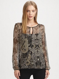 Contrasting faux leather trim outlines this semi-sheer printed blouse of pure silk. Roundneck; Keyhole detailLong sleevesCrossover back with slitBody: SilkTrim: Faux leatherDry cleanImportedModel shown is 5'9 (176cm) wearing US size Small.This style runs true to size. We recommend ordering your usual size for a standard fit. Contrasting faux leather trim outlines this semi-sheer printed blouse of pure silk. Roundneck; Keyhole detailLong sleevesCrossover back with slitBody: SilkTrim: Faux leatherDry cleanImportedModel shown is 5'9 (176cm) wearing US size Small.This style runs true to size. We recommend ordering your usual size for a standard fit.