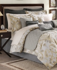 This Barrington comforter set possesses modern allure with an intriguing paisley design in neutral hues. Coordinating elements with diamond stitching, piped edges and pleated accents add extra dimension to your bed. This Barrington comforter set possesses modern allure with an intriguing paisley design in neutral hues. Coordinating elements with diamond stitching, piped edges and pleated accents add extra dimension to your bed.