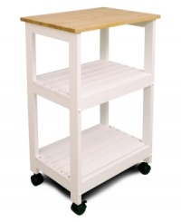 Complement your counter space with the rustic charm of this simple yet exceptionally helpful kitchen cart. You'll love the convenience of the natural lacquered wood prep area and two slatted storage shelves. One-year warranty. Complement your counter space with the rustic charm of this simple yet exceptionally helpful kitchen cart. You'll love the convenience of the natural lacquered wood prep area and two slatted storage shelves. One-year warranty.