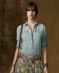 A glam, girlie approach to the rugged Western shirt, Denim & Supply Ralph Lauren's version features stylish artisan beading that gives it a feminine twist. A glam, girlie approach to the rugged Western shirt, Denim & Supply Ralph Lauren's version features stylish artisan beading that gives it a feminine twist.