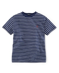 An essential short-sleeved tee is crafted from soft jersey-knit cotton with an allover striped pattern for a handsome, preppy look. An essential short-sleeved tee is crafted from soft jersey-knit cotton with an allover striped pattern for a handsome, preppy look.