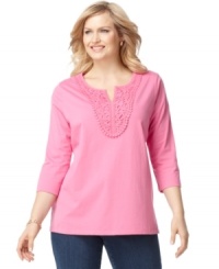 A crocheted neckline adds a charming appeal to Charter Club's three-quarter sleeve plus size top-- snag all the colors at an Everyday Value price! A crocheted neckline adds a charming appeal to Charter Club's three-quarter sleeve plus size top-- snag all the colors at an Everyday Value price!