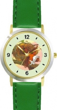 The Little Bird - from Mother Goose by Artist: Sylvia Long - WATCHBUDDY® DELUXE TWO-TONE THEME WATCH - Arabic Numbers - Green Leather Strap-Size-Large ( Men's Size or Jumbo Women's Size )