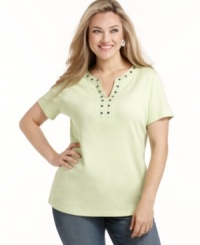 Get set for rising temps with Karen Scott's short sleeve plus size top, highlighted by an embellished neckline. Get set for rising temps with Karen Scott's short sleeve plus size top, highlighted by an embellished neckline.