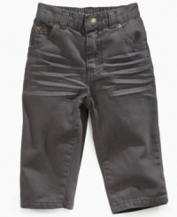 Jazz up his jean collection with a pair of these whiskered denim pants from First Impressions. Jazz up his jean collection with a pair of these whiskered denim pants from First Impressions.