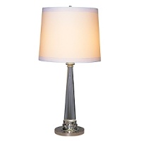 Acrylic column with silver accents. Three way switch. White Mont Blanc fabric shade with grosgrain trim. Acrylic column with silver accents. Three way switch. White Mont Blanc fabric shade with grosgrain trim.