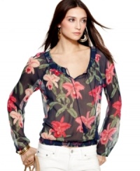 Flirty florals on sheer fabric lend laid-back femininity to this Lucky Brand Jeans peasant top. Layer it with a cami and bright white jeans for effortless springtime style. Flirty florals on sheer fabric lend laid-back femininity to this Lucky Brand Jeans peasant top. Layer it with a cami and bright white jeans for effortless springtime style.
