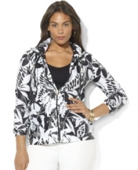 A bold floral print enlivens Lauren Ralph Lauren's lightweight hooded jacket, constructed with an adjustable drawcord waist for a flattering, feminine fit. A bold floral print enlivens Lauren Ralph Lauren's lightweight hooded jacket, constructed with an adjustable drawcord waist for a flattering, feminine fit.