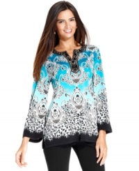 JM Collection's printed tunic adds a colorful touch to casual ensembles. Skip the necklace - beading at the neckline offers plenty of shine! JM Collection's printed tunic adds a colorful touch to casual ensembles. Skip the necklace - beading at the neckline offers plenty of shine!
