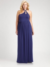 This alluring design in soft jersey can be dressed up or down, with its shoulder-baring bodice and flowing skirt.Asymmetrical twisted strap keyhole necklineBack strapsFitted bodiceSoftly gathered waistSlit on one side of skirtAbout 48 from natural waistModal/spandexDry cleanMade in USA This alluring design in soft jersey can be dressed up or down, with its shoulder-baring bodice and flowing skirt.Asymmetrical twisted strap keyhole necklineBack strapsFitted bodiceSoftly gathered waistSlit on one side of skirtAbout 48 from natural waistModal/spandexDry cleanMade in USA
