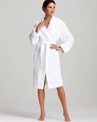 Relax in luxury! Hooded waffle robe with piqué trim on front facing, cuffs and belt.