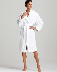Relax in luxury! Hooded waffle robe with piqué trim on front facing, cuffs and belt. Relax in luxury! Hooded waffle robe with piqué trim on front facing, cuffs and belt.