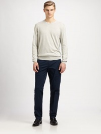 A hint of stretch lends a comfortable, flattering fit to this classic cotton style.Zip fly with button closureBelt loopsSide slash pocketsBack button welt pocketsInseam, about 36Cotton/elastaneMachine washImported A hint of stretch lends a comfortable, flattering fit to this classic cotton style.Zip fly with button closureBelt loopsSide slash pocketsBack button welt pocketsInseam, about 36Cotton/elastaneMachine washImported