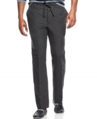 The feel casual but vertical striping elevates these lightweight pants from Perry Ellis. The feel casual but vertical striping elevates these lightweight pants from Perry Ellis.