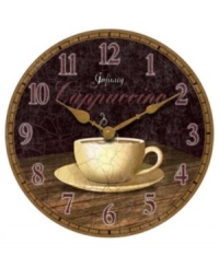 Turn your home kitchen into a cafe with one dreamy cup of cappuccino. A weathered finish adds antique flair to a wall clock with gold hands, numbered hours and the laid-back charm of a classic coffee shop. Turn your home kitchen into a cafe with one dreamy cup of cappuccino. A weathered finish adds antique flair to a wall clock with gold hands, numbered hours and the laid-back charm of a classic coffee shop.