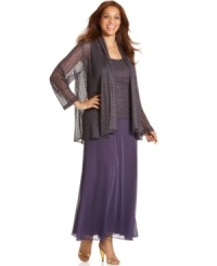 Patra adorns this plus size gown with a lovely open-knit layer at the bodice, highlighted by sparkling metallic accents. A coordinating shawl-collar jacket is a chic complement to the look. Patra adorns this plus size gown with a lovely open-knit layer at the bodice, highlighted by sparkling metallic accents. A coordinating shawl-collar jacket is a chic complement to the look.